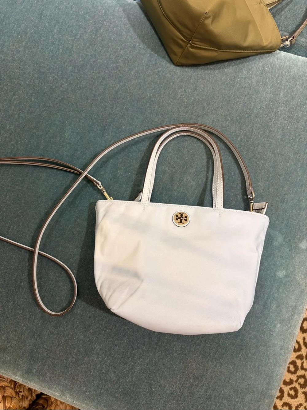 Tory Burch nylon printed mini tote with shoulder strap pattern color light blue